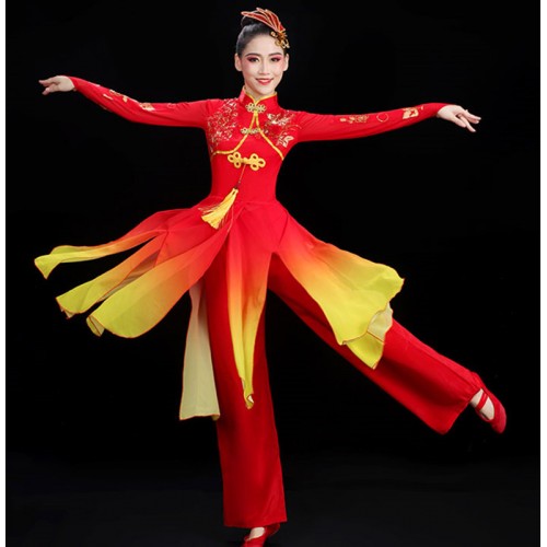 Red with gold gradient Chinese Folk Classical dance costumefor Women New Year Celebration Dragon gong  drum corps drumming dance costume Square dance costume 